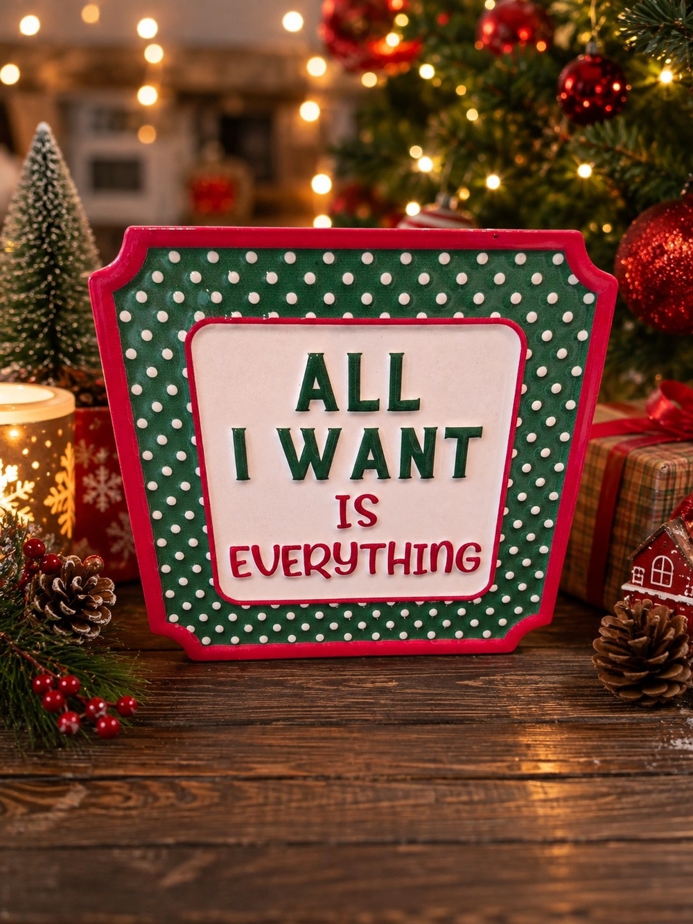 Festive Green and Red Holiday Sign - "All I Want Is Everything"